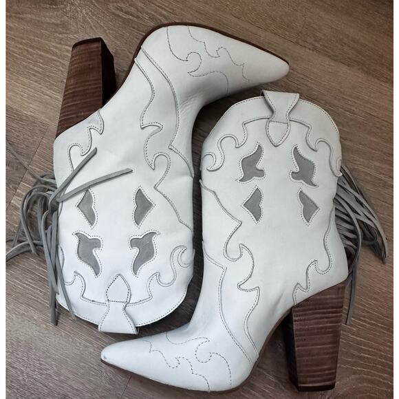 Dingo|Lady's Night Fringe Leather Boots|Stacked Heel|White|NWT|SZ 10 - Picture 2 of 9